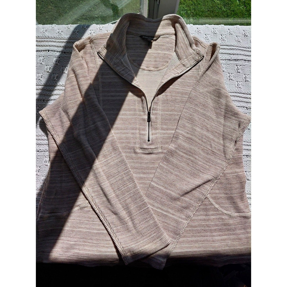 48 Tommy Bahama women's  Beige Waffle-Knit 1/4 Zip Mock Neck Pullover Sweater L